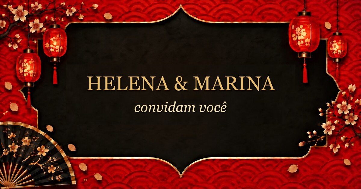 Moldura preta com lanternas vermelhas, leque e flores de cerejeira e os nomes Helena e Marina