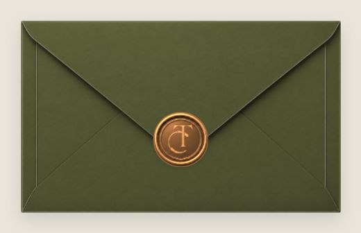 Envelope verde-oliva fechado com selo de cera cobre e monograma CT